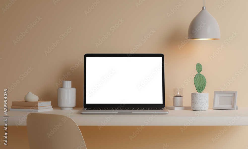 Poster minimalist workspace with a laptop mockup on a table in a minimal office. 3d render illustration