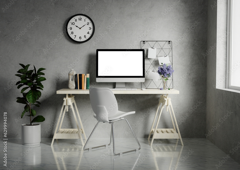 Poster a modern pc computer blank screen mockup is on a table in a modern minimal home office. 3d render il