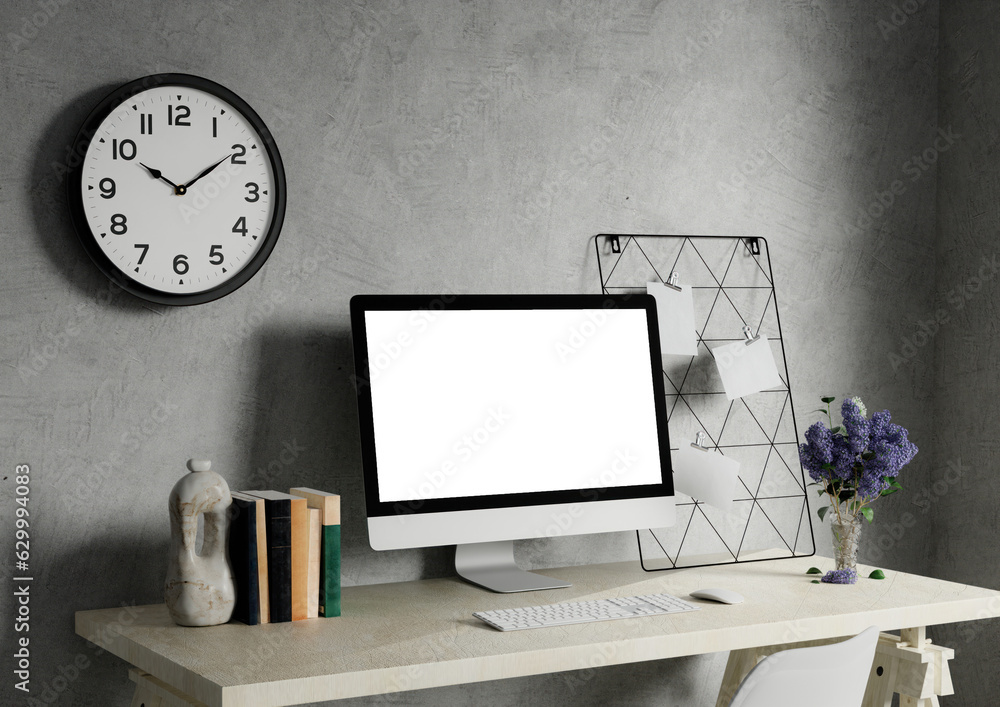 Poster a modern pc computer blank screen mockup is on a table in a modern minimal home office. 3d render il