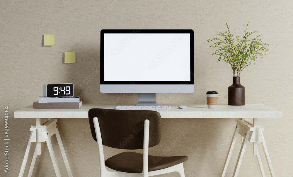 Poster a modern pc computer blank screen mockup is on a table in a modern minimal home office. 3d render il