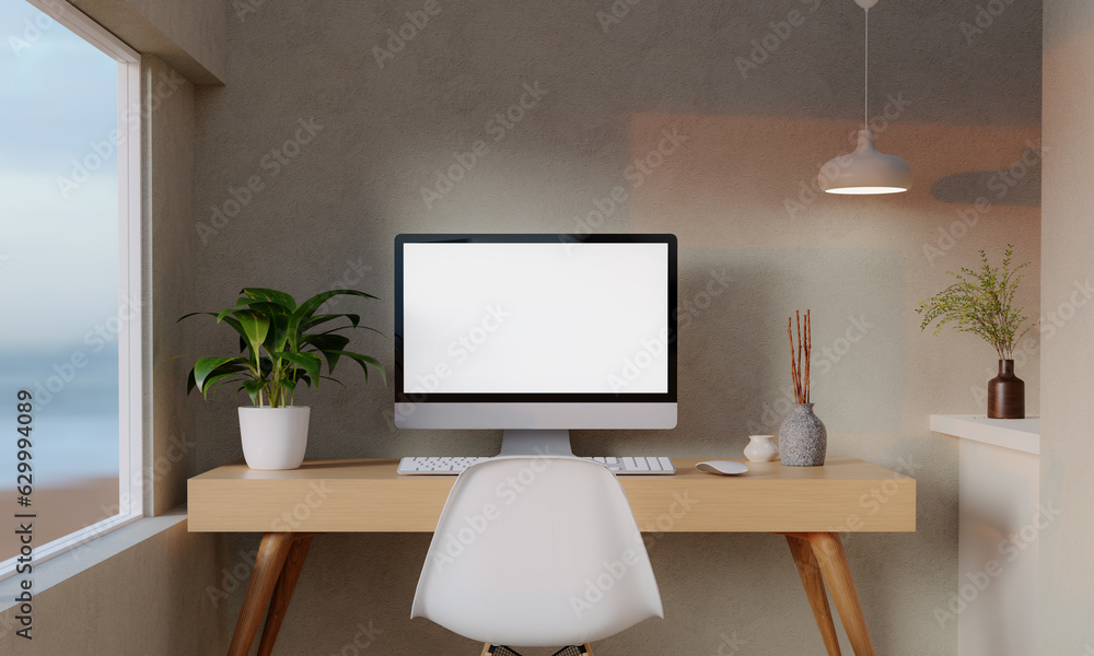 Poster a modern pc computer blank screen mockup is on a table in a modern minimal home office. 3d render il