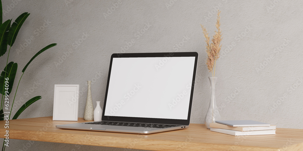 Poster minimalist workspace with a laptop mockup on a table in a minimal office. 3d render illustration