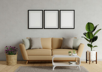 Blank picture frame mockup on white wall. Modern living room design. View of modern Scandinavian style interior with sofa. 3d render illustration