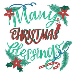 Hand lettering with christmas religion print Many christmas blessing
