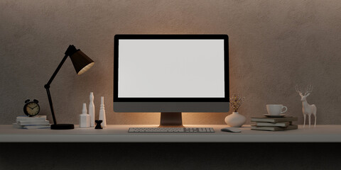 A modern PC computer blank screen mockup is on a table in a modern minimal home office. 3d render illustration