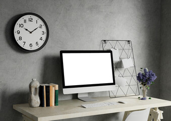 A modern PC computer blank screen mockup is on a table in a modern minimal home office. 3d render illustration