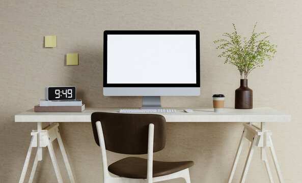 A modern PC computer blank screen mockup is on a table in a modern minimal home office. 3d render illustration