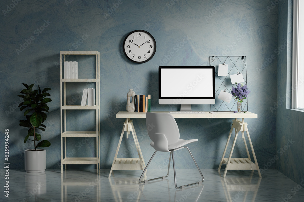 Poster a modern pc computer blank screen mockup is on a table in a modern minimal home office. 3d render il