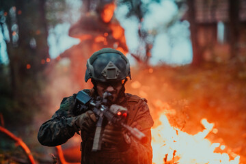 A soldier fights in a warforest area surrounded by fire