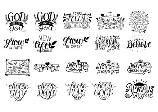 Set of 12 Hand lettering christian quotes . Biblical background. Poster. Modern Calligraphy Card Scripture print