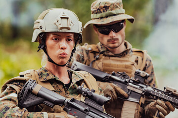 Modern Warfare Soldiers Squad Running in Tactical Battle Formation Woman as a Team Leader