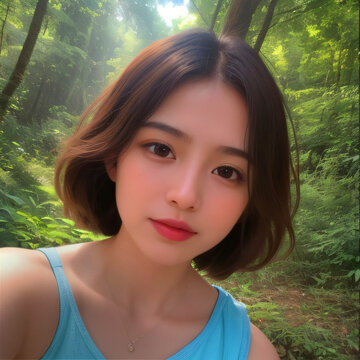 A cute beautiful Chinese looking girl portrait image selfie, AI-generated Chinese selfie art: Futuristic and captivating stock image.