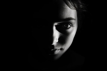 Girl's face in the dark, concept of fearful photography. Generative AI - obrazy, fototapety, plakaty