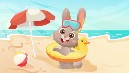 Fototapeta premium Bunny character on beach. Vacation illustration for summer sea holidays.