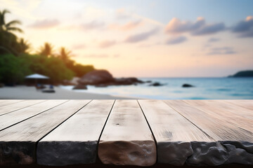 wood table top on blur beach background, can be used for display or montage your products AI Generative