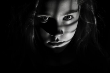 Girl's face in the dark, concept of fearful photography. Generative AI
