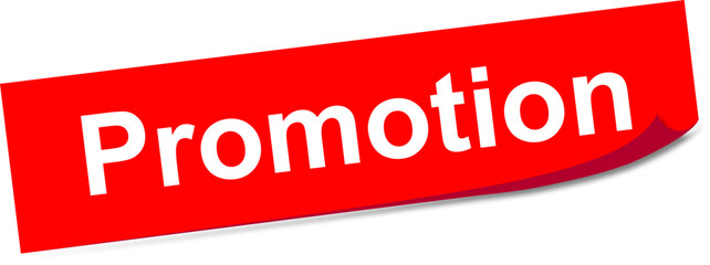 Red promotion label with white letters rolled on one edge with shadow. Illustration made August 1st, 2023, Zurich, Switzerland.