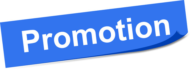 Blue promotion label with white letters rolled on one edge with shadow. Illustration made August 1st, 2023, Zurich, Switzerland.