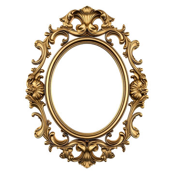 Antique oval round photo frame isolated over transparent white background Baroque Victorian ornate border frame. Royal interior luxury decor frame mock up for photo, picture, art, painting, image