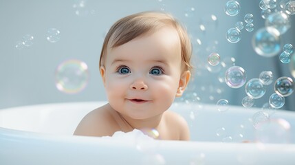 cute little baby bathes in bathtub with soap bubbles.