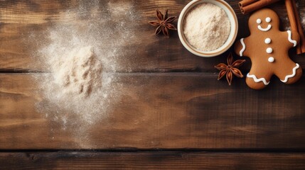 Christmas baking background with gingerbread man, spices and flour on a wooden table with copy space.