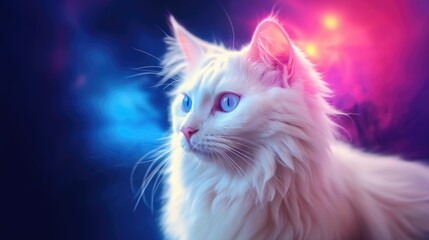 White cat with blue eyes on a dark background with rays of light