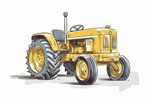 Cartoon of a yellow farm tractor, on white background. Generative AI.