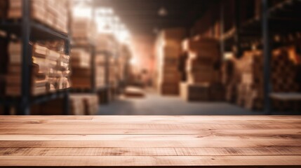 With a blurred warehouse as the backdrop, this product display montage highlights an empty wooden table