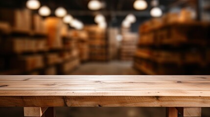 An empty wooden table stands out in this product display montage against a blurred warehouse background