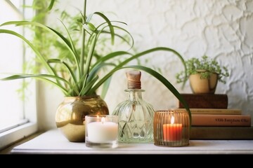 Fototapeta na wymiar interior design, Vintage home decor candles, aroma diffuser, plant and frames. created generative ai. 