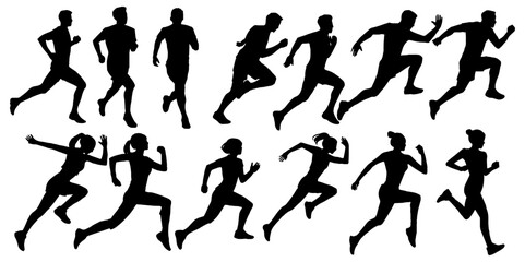set silhouettes of people running pose