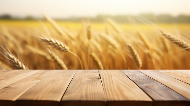 O tampo da mesa de madeira vazia com desfoque de fundo da fazenda de trigo