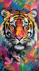 tigre,  colagem e rabiscos, linhas ousadas, retrato mítico, cores lindas, fundo abstrato
