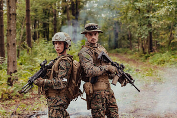 Modern Warfare Soldiers Squad Running in Tactical Battle Formation Woman as a Team Leader