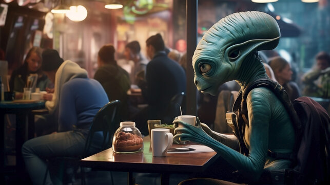 Alien visitor sips coffee, intrigued by Earth's beverage culture.