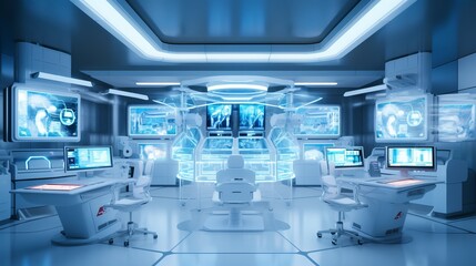 modern technology futuristic medical science labratory lab for research and analysis full of technology machine and screen monitor with hologram graphic technology,ai generate