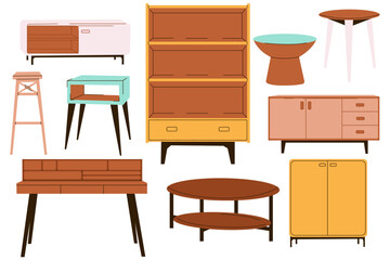 Set of tables and cabinets. Vector collection of coffee tables, small table, round table. Vector cartoon set.