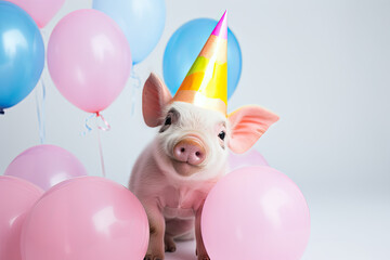 Cute pig wearing a party hat, birthday party balloons