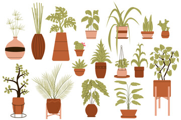A set of potted plants for the home. Various houseplants isolated on white background.Colored flat vector illustration.