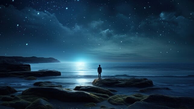 A person standing at the edge of the ocean against night stars - Powered by Adobe