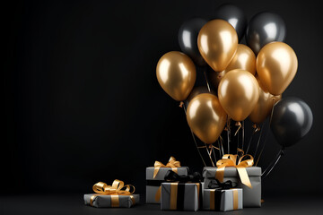 Fototapeta na wymiar Gold balloons and luxury gifts bunch on a black wall background generative AI