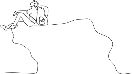One continuous line drawing of Traveler or explorer on mountain or valley concept. Doodle vector illustration in simple linear style. 