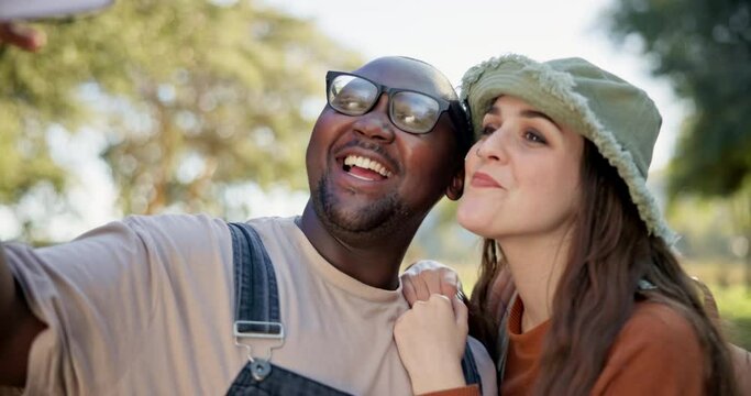Interracial, people and selfie, camping in nature with happiness and social media post of couple of friends. Live streaming, adventure and memory, black man and woman outdoor with smile in picture