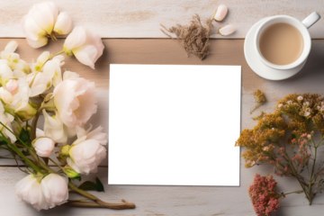 Creative layout with colorful flowers, leaves and note paper. Blank white paper card on table with colorful flowers. Copy space, transparent background mockup ready to be customized