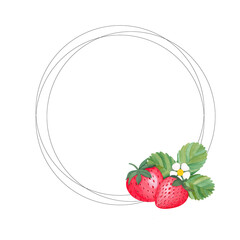 Juicy strawberry watercolor design frame and wreath. Bright red berries cute strawberry. botanical illustration. For packages, cards, logo. Summer sweet berries. Isolated on white