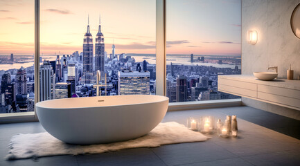Fototapeta premium Luxury Bathroom in a Luxury Apartment with Beautiful View Concept Study Illustration Digital Art Generative AI Wallpaper Brainstorming