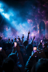 Stage lighting shining down from the top, many people holding their mobile phone flash, dancing in blue and purple. AI generative