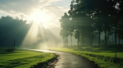 Road pass through natural green field in rainny season.