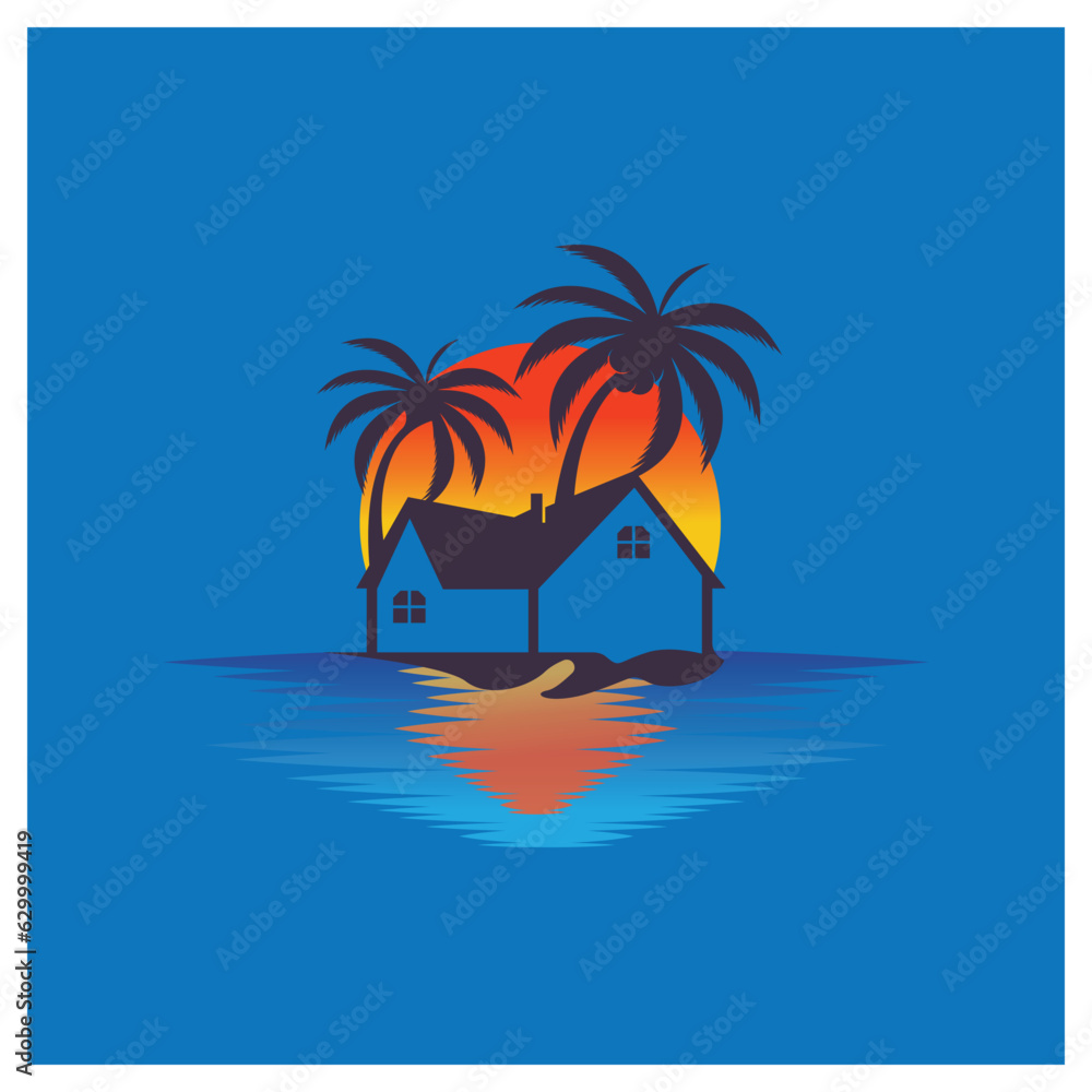 Wall mural Minimalist icon sunset beach house logo