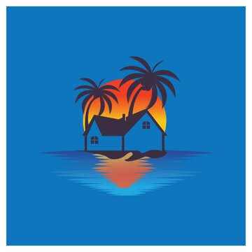 Minimalist icon sunset beach house logo